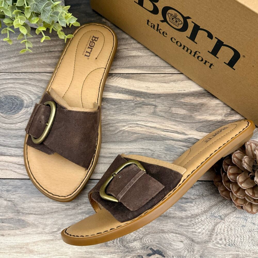 NIB Born Miarra 8M 38-39 Brown Suede Big Buckle Slide Sandals Brown Distressed